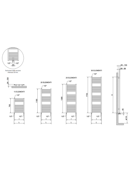 Cordivari Termoarredo Lisa 22 dritto bianco RAL 9010 misure