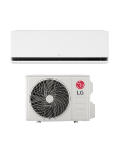 Climatizzatore LG DUALCOOL Deluxe AI Air HS1DA.NS1 SET con unità interna, unità esterna e telecomando.